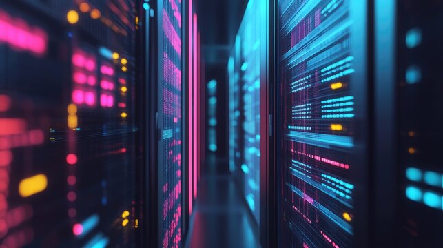 Rows of glowing server racks in a data center, illuminated with blue and pink lights, showcasing the intricate network of modern technology.
