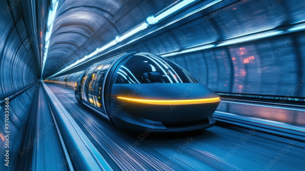 Poster futuristic hyperloop transportation system with energy-efficient pods racing between cities