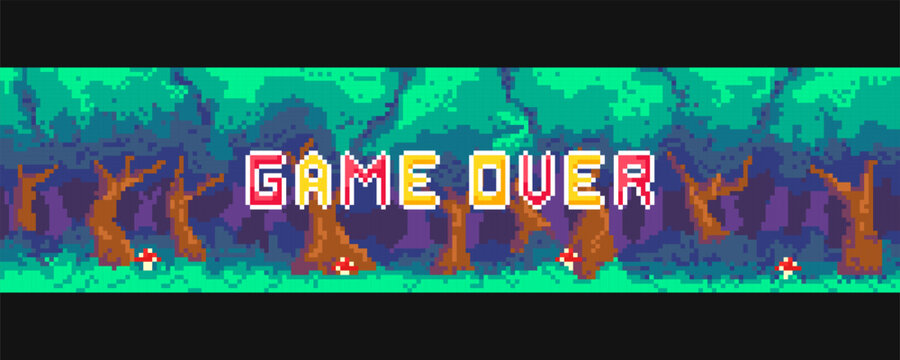 Inscription Game Over on the background of a pixel art game landscape. Pixelated gaming landscape background thick and dark forest.