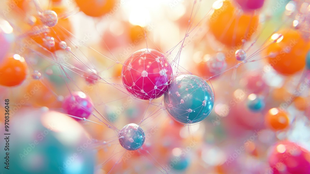 Wall mural colorful spheres connected by thin threads, creating a complex network. the spheres are iridescent a