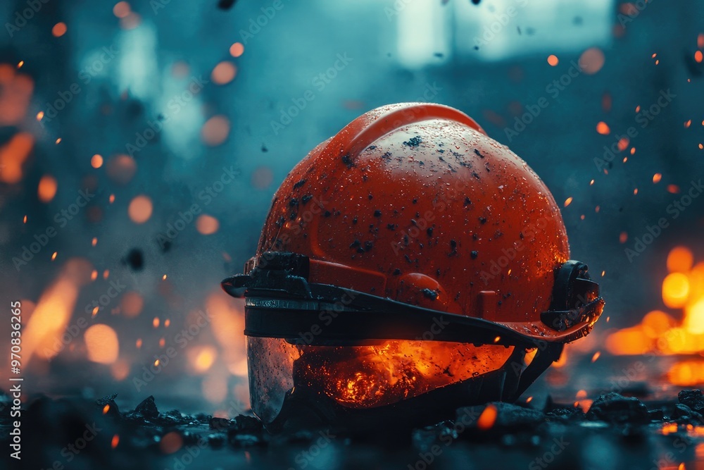 Canvas Prints Firefighter Helmet Amidst Burning Embers and Sparks