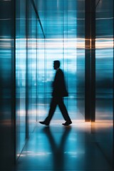 Fototapeta premium Businessman walking in modern office corridor with motion blur