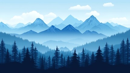 Fototapeta premium Blue Mountains Landscape with Pine Forest Silhouette