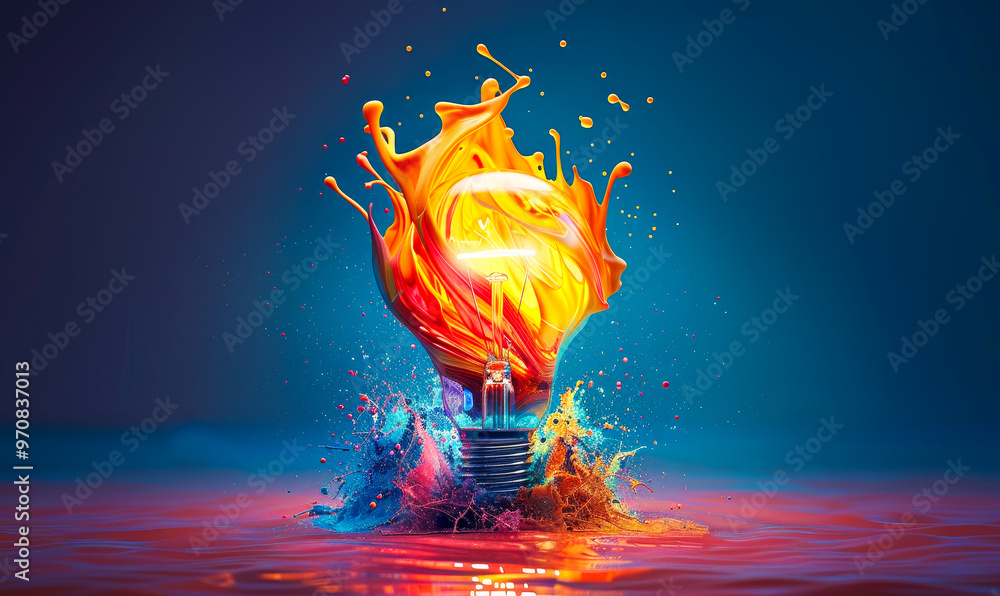 Aufkleber vibrant conceptual lightbulb with fiery eruption and colorful paint splashes in surreal setting