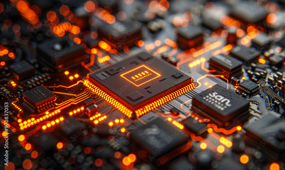 Poster advanced artificial intelligence microchip on circuit board: a detailed view of technology in action