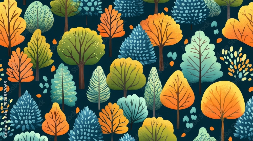Poster abstract autumn forest seamless pattern colorful trees on dark background