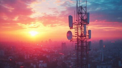 Naklejka premium Communication Tower at Sunset Over a Cityscape
