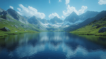 Obraz premium A serene lake surrounded by majestic mountains with snow capped peaks reflects vibrant blue sky and lush greenery, creating tranquil and picturesque landscape