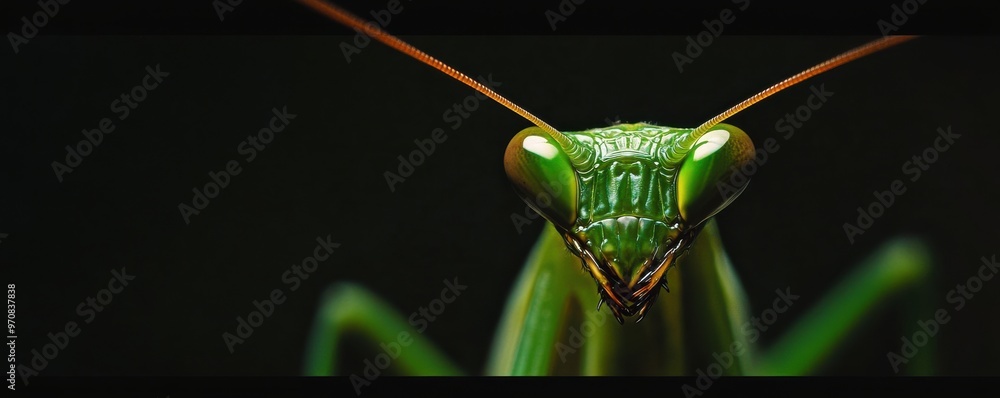 Poster close-up of a praying mantis face with striking eyes and detailed features, showcasing the unique te