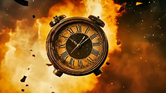 An antique clock bursts into flames amidst a dramatic explosion, captured in vivid detail. Debris surrounds the fiery spectacle, showcasing the intensity of the blast. The scene conveys chaos and