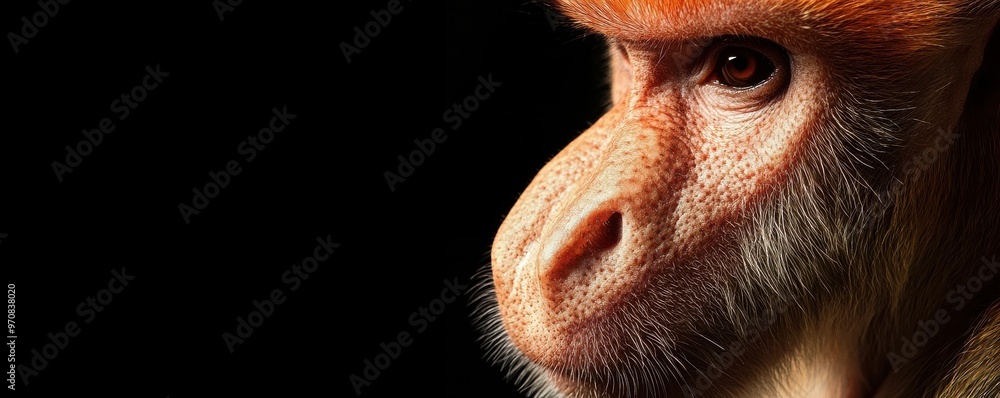 Poster close-up profile of a proboscis monkey showcasing its unique nose and expressive eyes against a dark