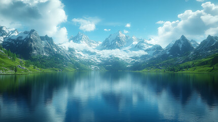 Fototapeta premium A serene lake surrounded by majestic mountains with snow capped peaks reflects vibrant blue sky and fluffy clouds, creating breathtaking natural landscape
