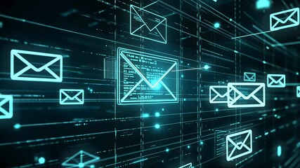 Database email, a series of emails being sent out and tracked on a digital dashboard, email marketing concept