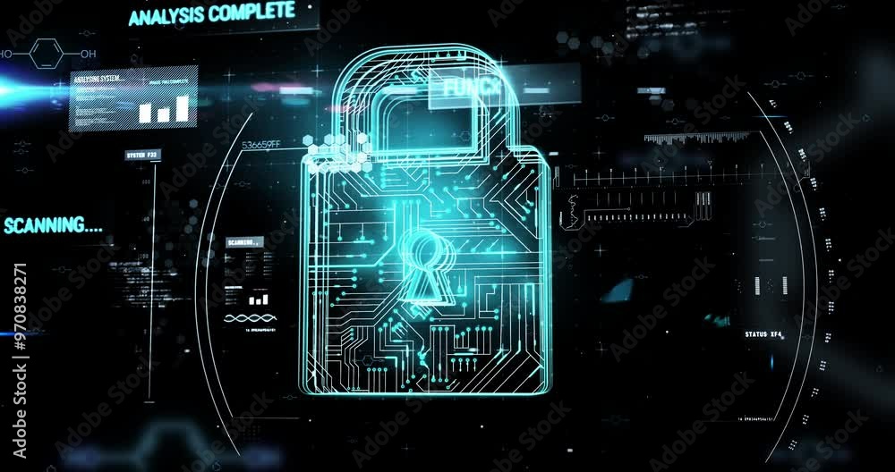 Aufkleber digital lock and data encryption animation over cybersecurity interface