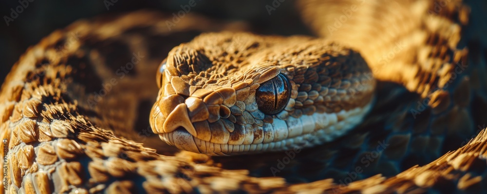 Poster close-up view of a rattlesnake's rattle with detailed texture, capturing the intricate patterns on t