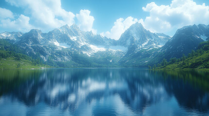 Fototapeta premium A serene lake surrounded by majestic mountains with snow capped peaks reflects stunning blue sky and fluffy clouds, creating tranquil and picturesque landscape