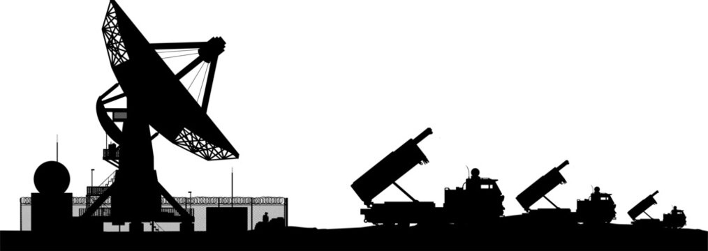 Vektor Silhouette Flugabwehr Radarstation - Raketensystem - Feuerleitstand zur Abwehr von Raketen, Drohnen, Flugzeugen, Marschflugk&ouml;rpern und ballistischen Raketen - Verteidigung Konflikt und Krieg