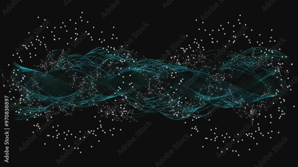 Poster flowing blue waveforms and particles, abstract animation over black background