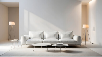 Minimalist Living Room with White Sofa and Soft Ambient Lighting