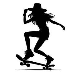 A silhouette of a  stylish and modern girl skater practicing skateboarding by wearing a hat, black color silhouette isolated white background