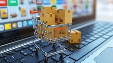 A miniature shopping cart filled with cardboard boxes sits on a laptop keyboard, representing online shopping and e-commerce.