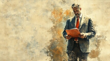 Fototapeta premium Businessman Reading Folder in Watercolor Style