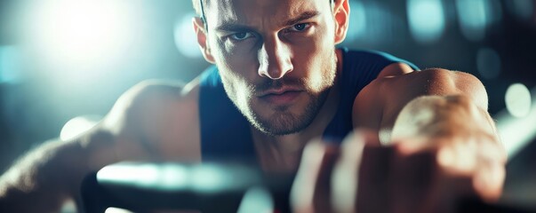 Intense workout with virtual reality headset, close-up of focused man rowing in VR environment, muscular strength highlighted