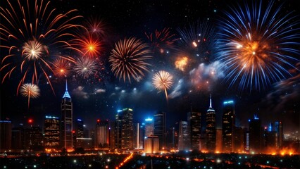Fototapeta premium Stunning fireworks bursting over a dazzling city skyline at night showcasing vibrant colors 