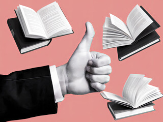 Trendy halftone collage with a hand giving a thumbs up and floating books. Concept of study and education. Promoting a new course or webinar. Symbolizing human thirst for knowledge