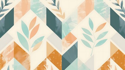 Abstract geometric pattern with copper, teal, and cream tones, featuring diamonds, chevrons, and stylized leaf shapes.