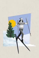 Vertical photo collage of happy girl skier ride skis snow winter activity new year eve tree santa...
