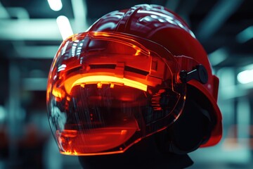 Fototapeta premium Red Hard Hat with Transparent Visor and Glowing Lights