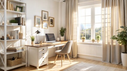 Fototapeta premium Modern home office interior with stylish desk, computer, and natural light from the window