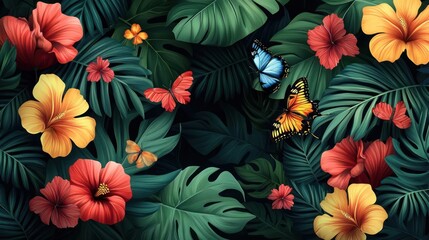 Vibrant floral and butterfly life within a tropical jungle scene, filled with lush greenery,
