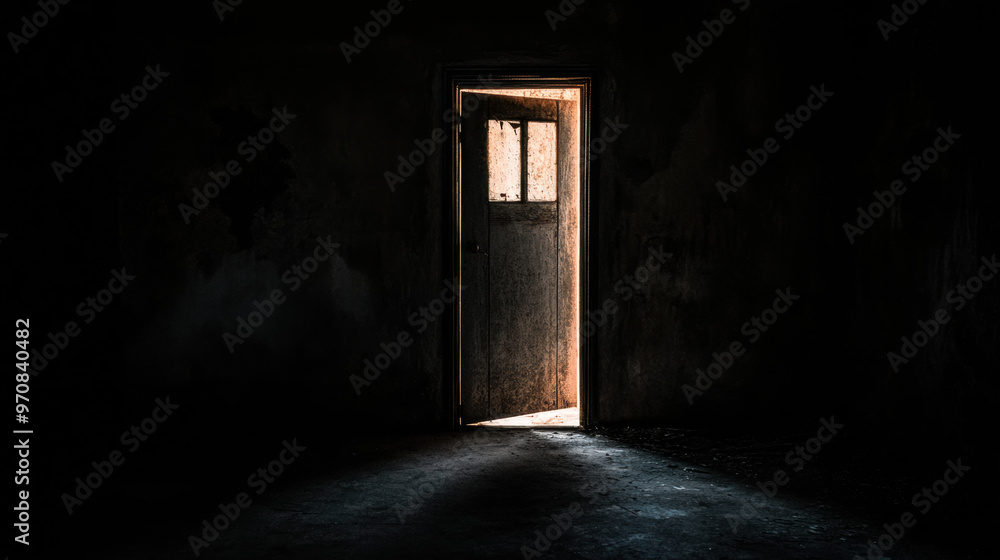 Poster a dimly lit room features an open door, casting warm glow into darkness, creating mysterious and inv