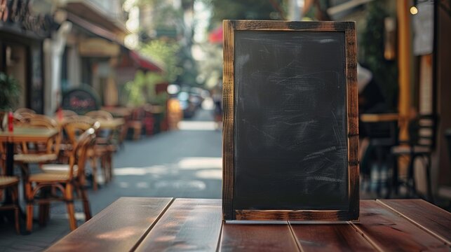 A wooden table with a chalkboard on it in front of a restaurant