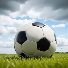 Soccer ball on green grass against sky