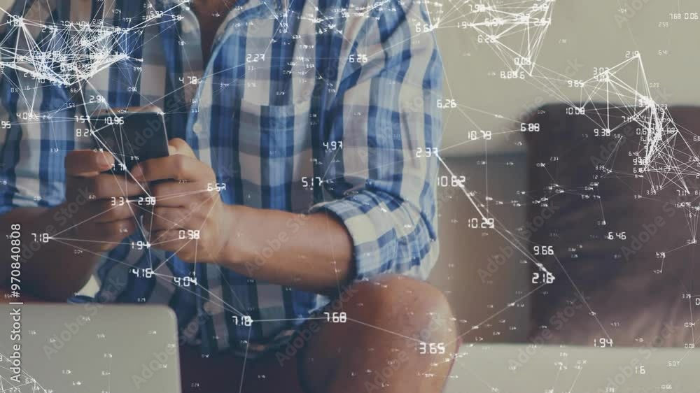 Poster using smartphone, person surrounded by network connections and data processing animation