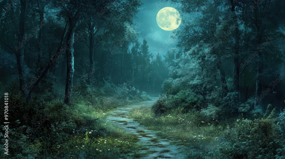Aufkleber a serene forest path illuminated by full moon creates mystical atmosphere. lush greenery and soft gl