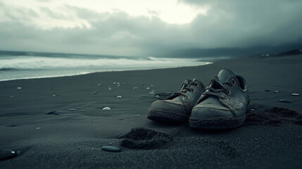 Worn shoes on sandy beach, with waves crashing in background and moody sky. scene evokes sense of solitude and reflection