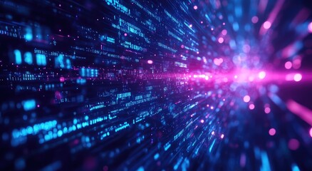 Naklejka premium Abstract digital data flow with blue and pink light streaks and glowing particles.