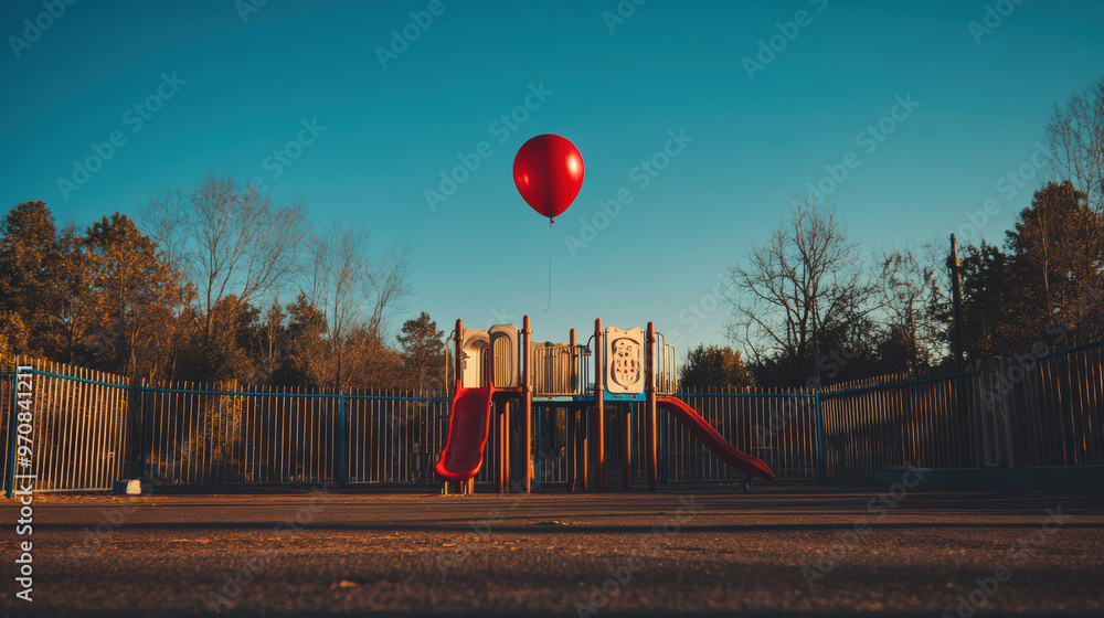 Poster a vibrant red balloon floats above an empty playground, highlighting contrast between playful struct