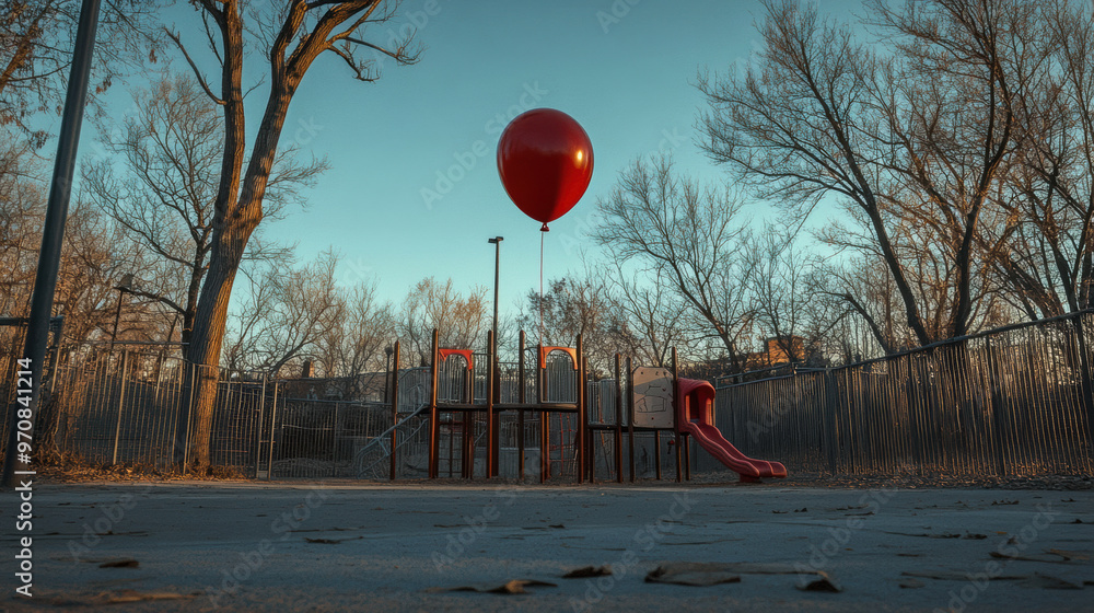 Poster a vibrant red balloon floats above deserted playground, surrounded by empty chairs and slide, evokin