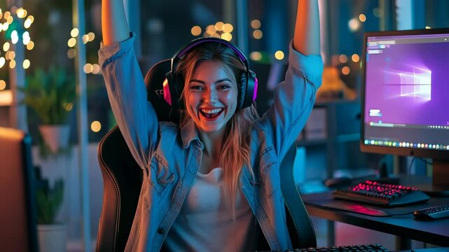 Video of lovely excited glad woman software developer sitting armchair comfortable workspace workstation indoors