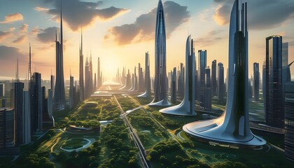 Futuristic cityscape with advanced energy solutions, sleek skyscrapers, and innovative infrastructure highlighting a sustainable future