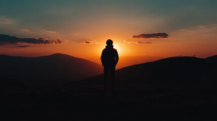A person stands silhouetted against stunning sunset, surrounded by mountains. warm colors of sky create serene and contemplative atmosphere, evoking sense of peace and reflection