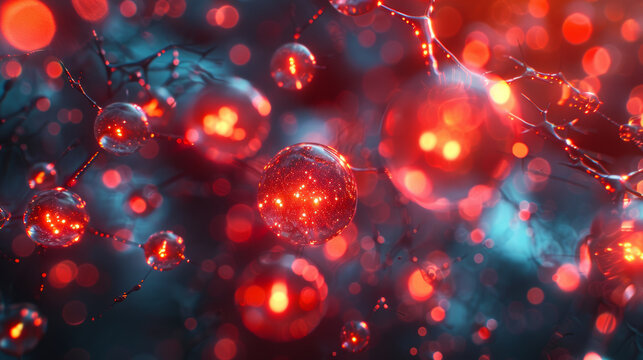 Molecular structures are depicted in this advanced digital concept, showcasing vibrant red and blue spheres interconnected by delicate strands. image evokes sense of wonder and complexity in microscop