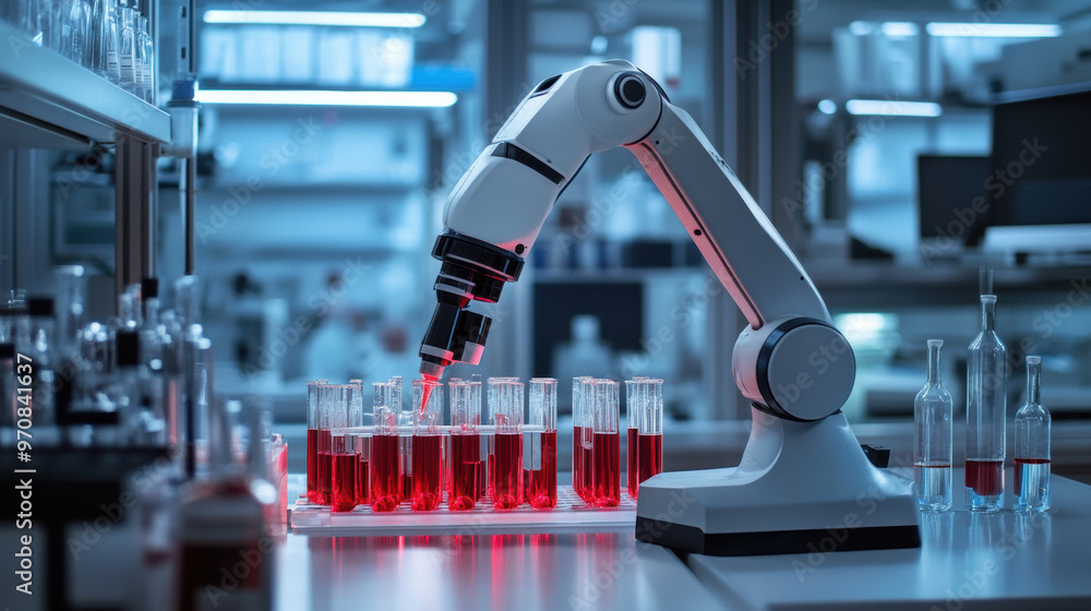 Poster a robotic arm is skillfully handling test tubes filled with red liquid in modern laboratory setting,