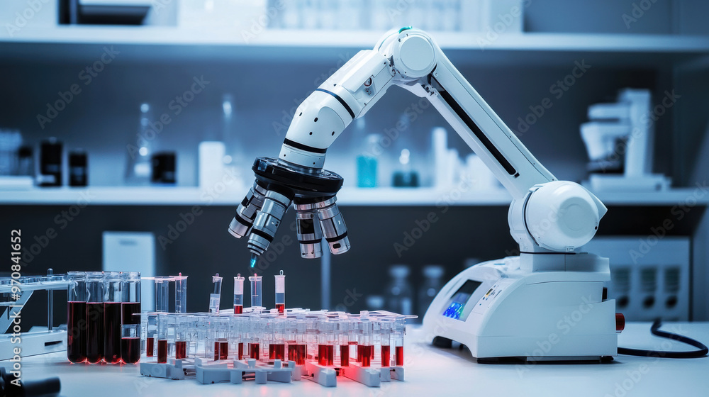 Poster a robotic arm is conducting experiments in laboratory, handling test tubes filled with red liquid. a