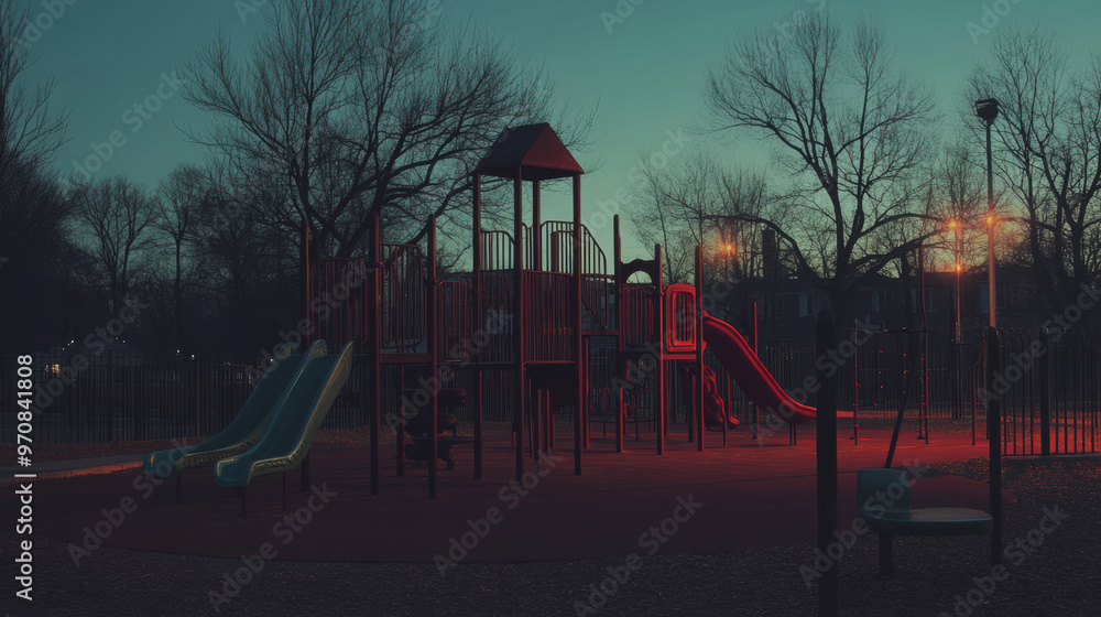 Poster a quiet playground at dusk, featuring slides and climbing structures illuminated by soft lights, cre